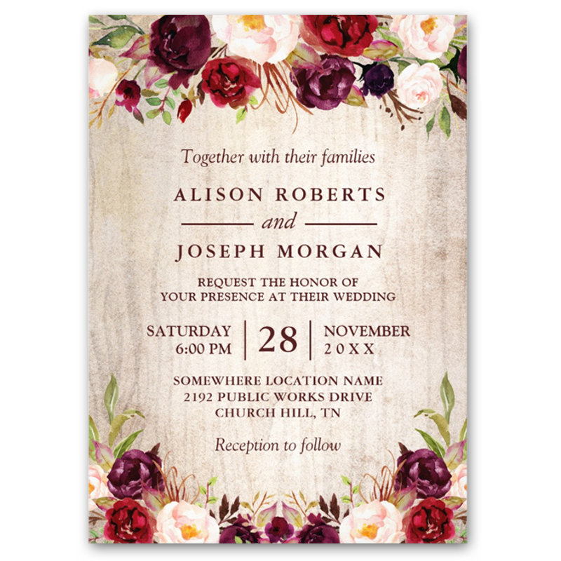 Burgundy Blush Floral Rustic Barn Wood Wedding Invitation