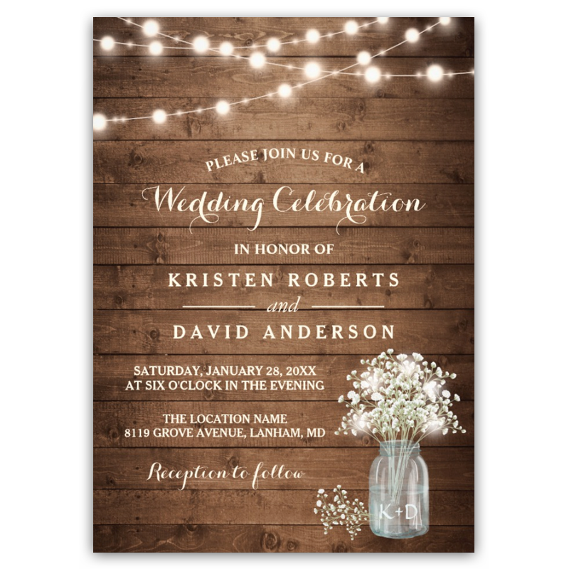 Rustic Baby's Breath Mason Jar Lights Wedding Invitations