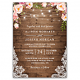 Rustic Wood String Lights Lace Floral Farm Wedding Invitations